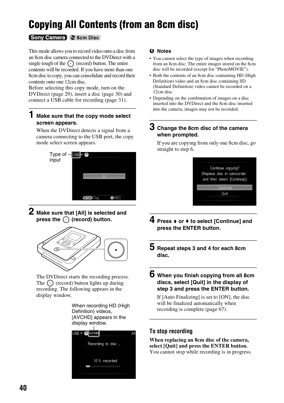 Copying all contents (from an 8cm disc), Copying all contents, From an 8cm disc) | Sony VRD-MC10 User Manual | Page 40 / 84