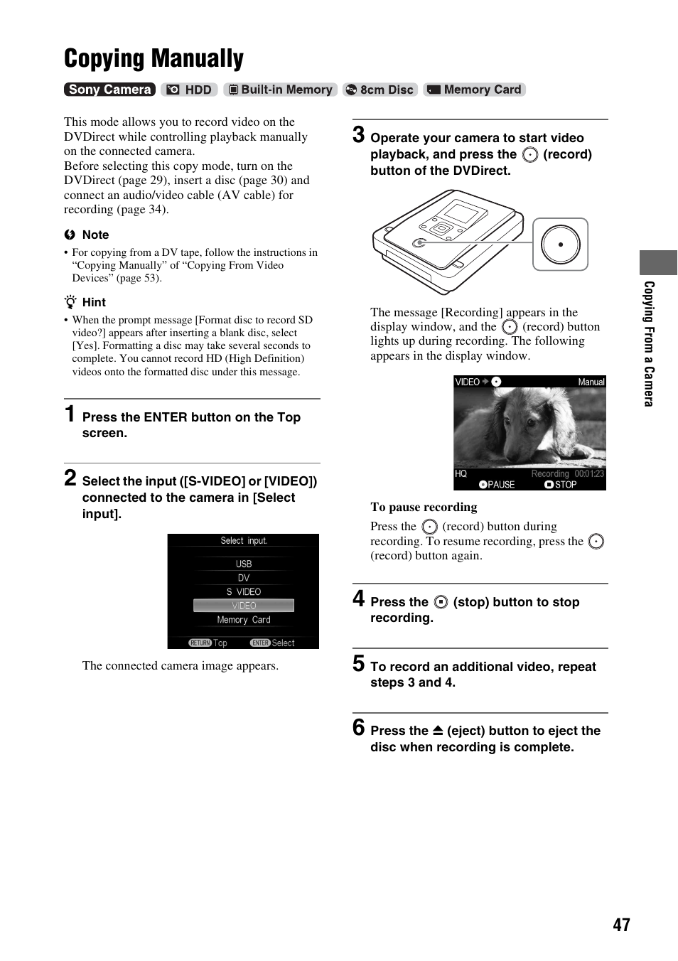 Copying manually | Sony VRD-MC10 User Manual | Page 47 / 84