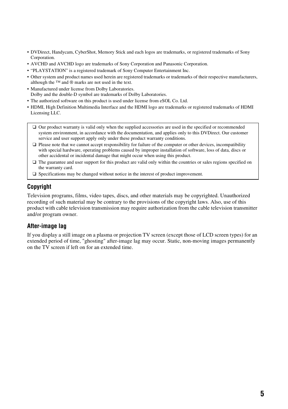 Copyright, After-image lag | Sony VRD-MC10 User Manual | Page 5 / 84