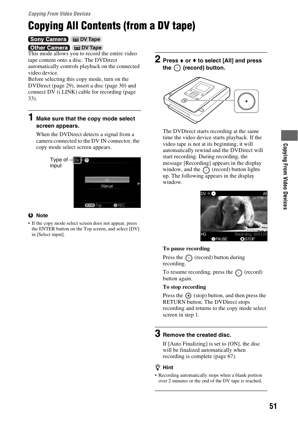 Copying from video devices, Copying all contents (from a dv tape), Copying all contents | From a dv tape), Age 51) | Sony VRD-MC10 User Manual | Page 51 / 84