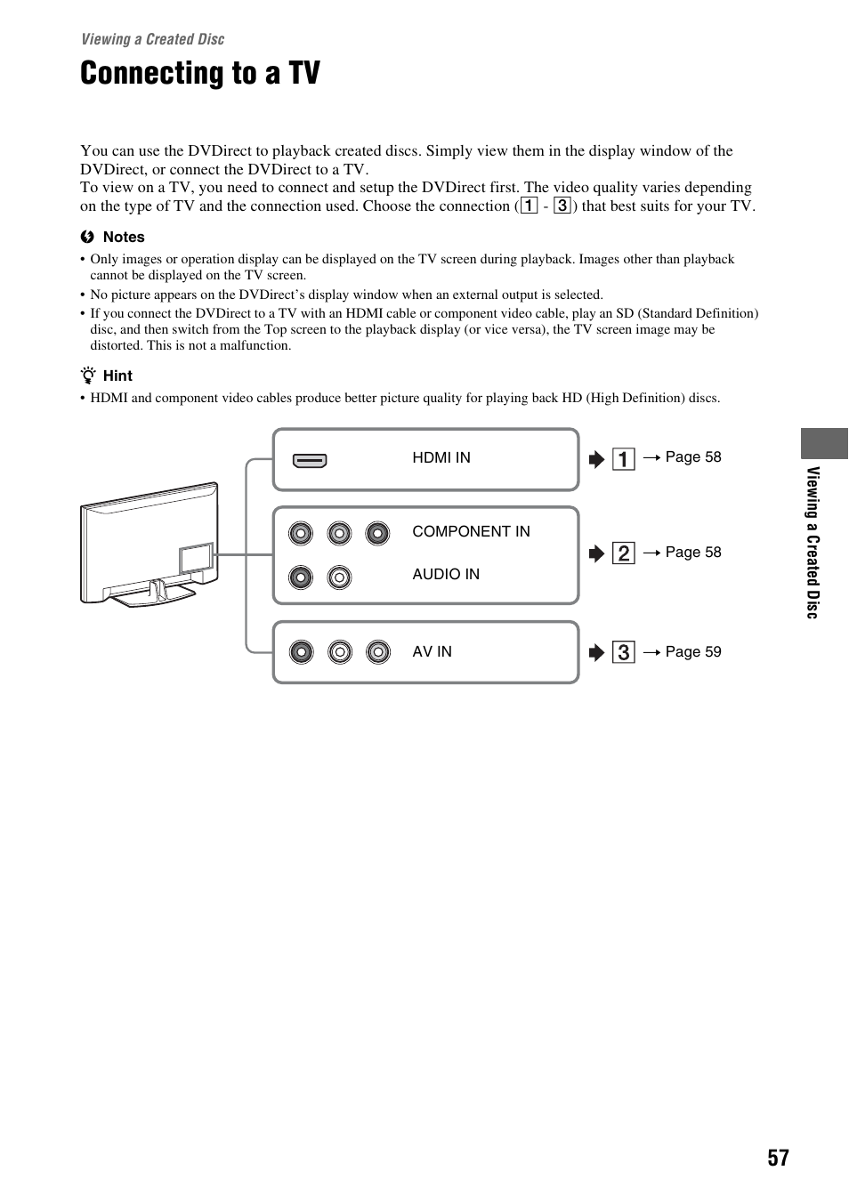 Viewing a created disc, Connecting to a tv | Sony VRD-MC10 User Manual | Page 57 / 84