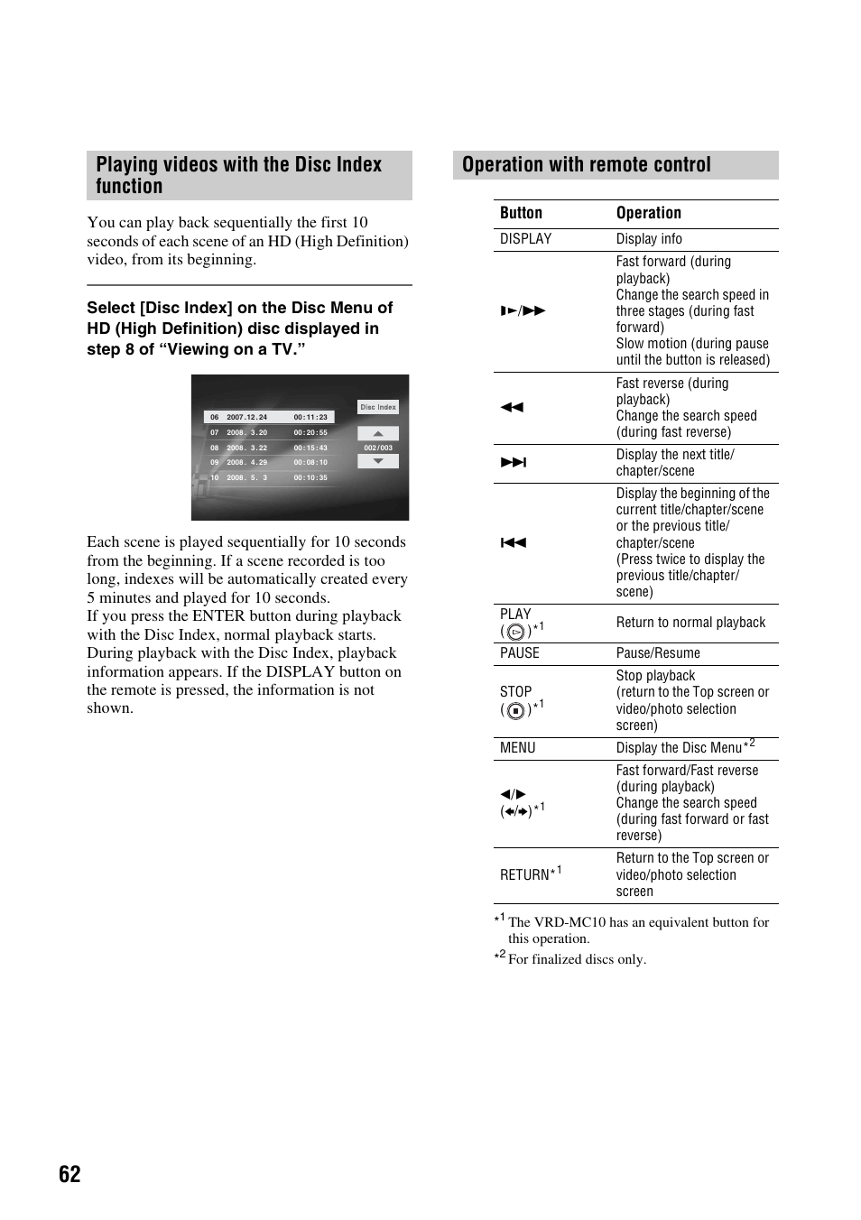 Playing videos with the disc index function, Operation with remote control, Playing videos with the disc index | Function, E 62), Es 62, Button operation | Sony VRD-MC10 User Manual | Page 62 / 84