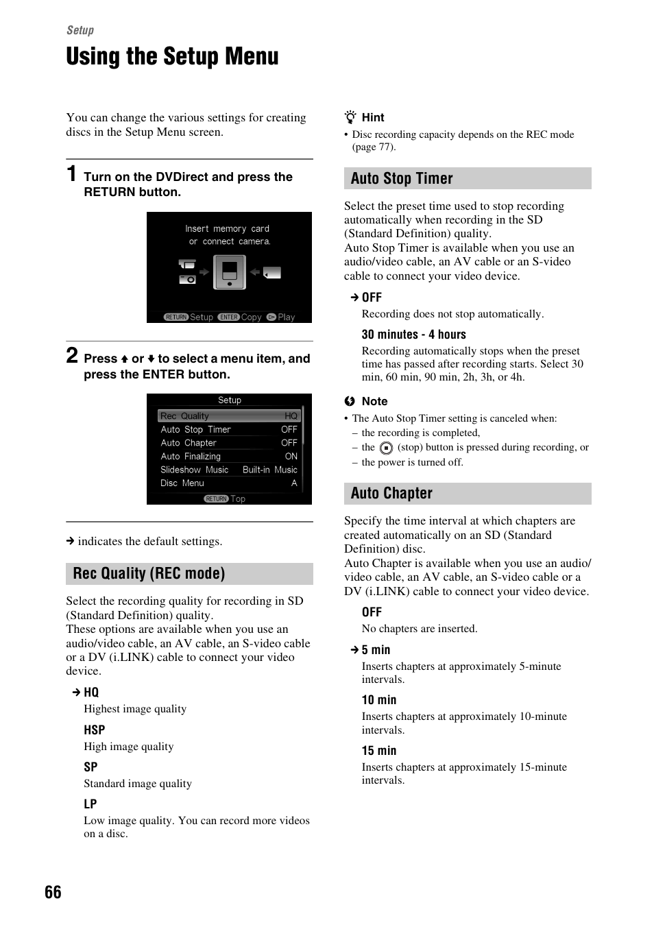 Setup, Using the setup menu, Rec quality (rec mode) | Auto stop timer, Auto chapter | Sony VRD-MC10 User Manual | Page 66 / 84