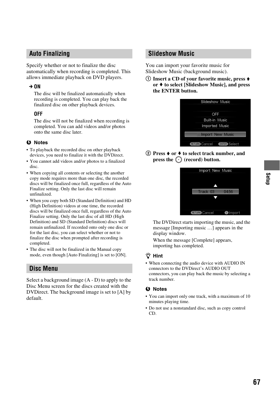 Auto finalizing, Disc menu, Slideshow music | Auto finalizing disc menu slideshow music, E 67), Age 67) | Sony VRD-MC10 User Manual | Page 67 / 84