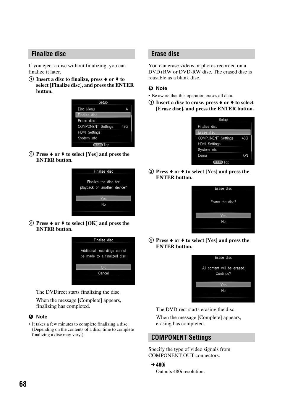 Finalize disc, Erase disc, Component settings | Finalize disc erase disc component settings | Sony VRD-MC10 User Manual | Page 68 / 84