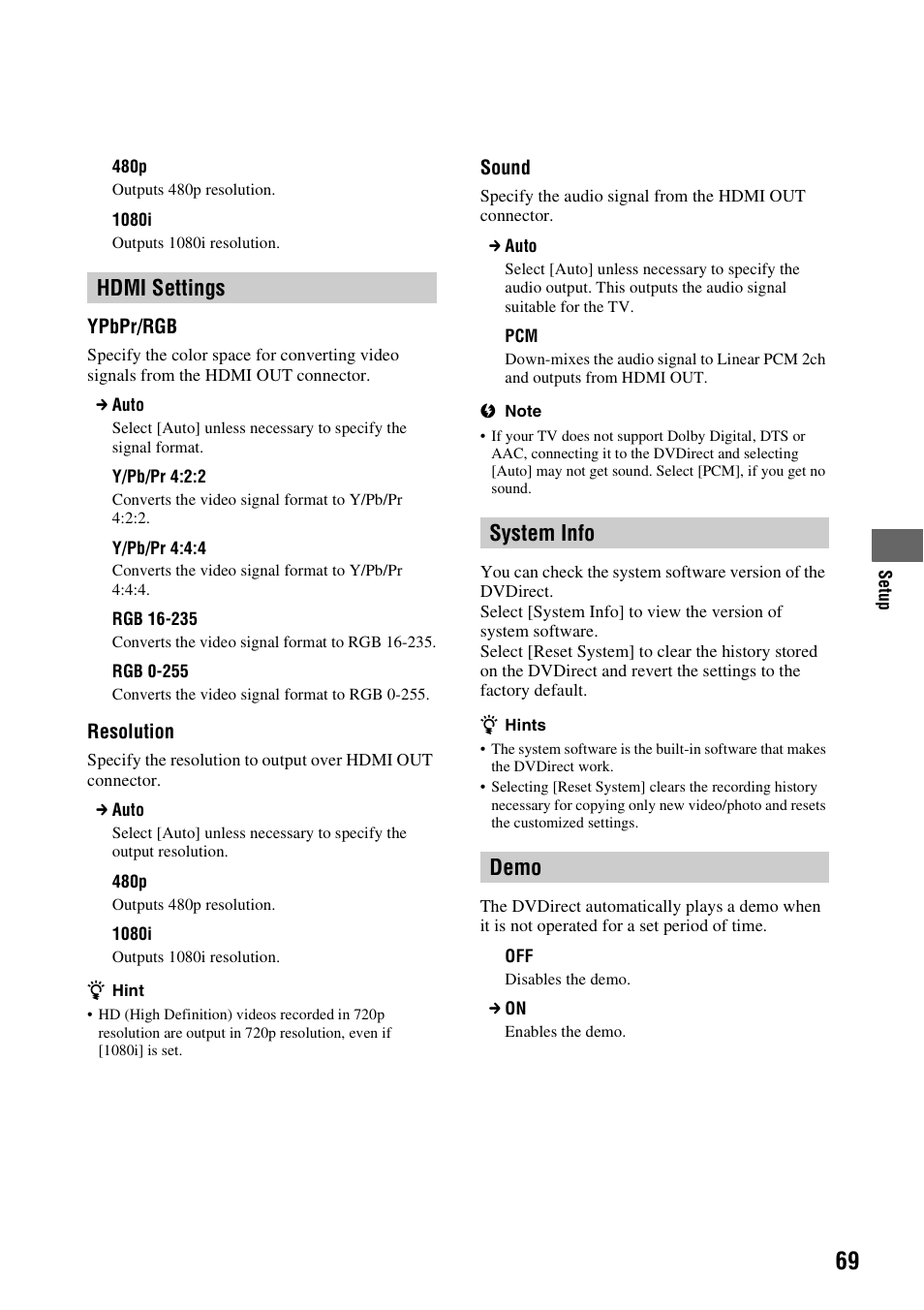 Hdmi settings, System info, Demo | Hdmi settings system info demo | Sony VRD-MC10 User Manual | Page 69 / 84