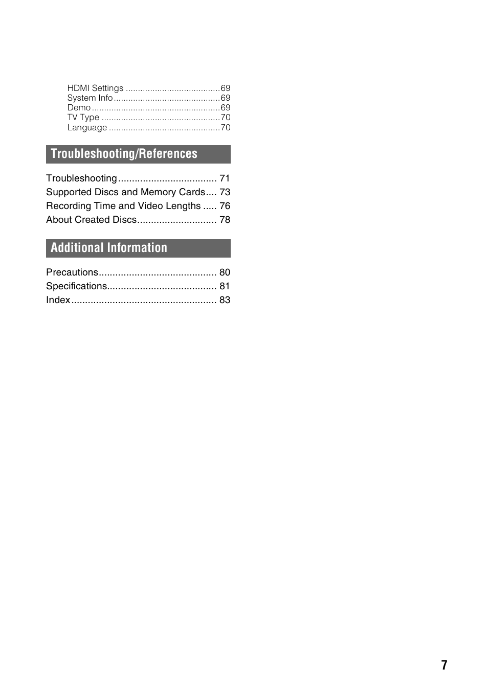 Troubleshooting/references additional information | Sony VRD-MC10 User Manual | Page 7 / 84