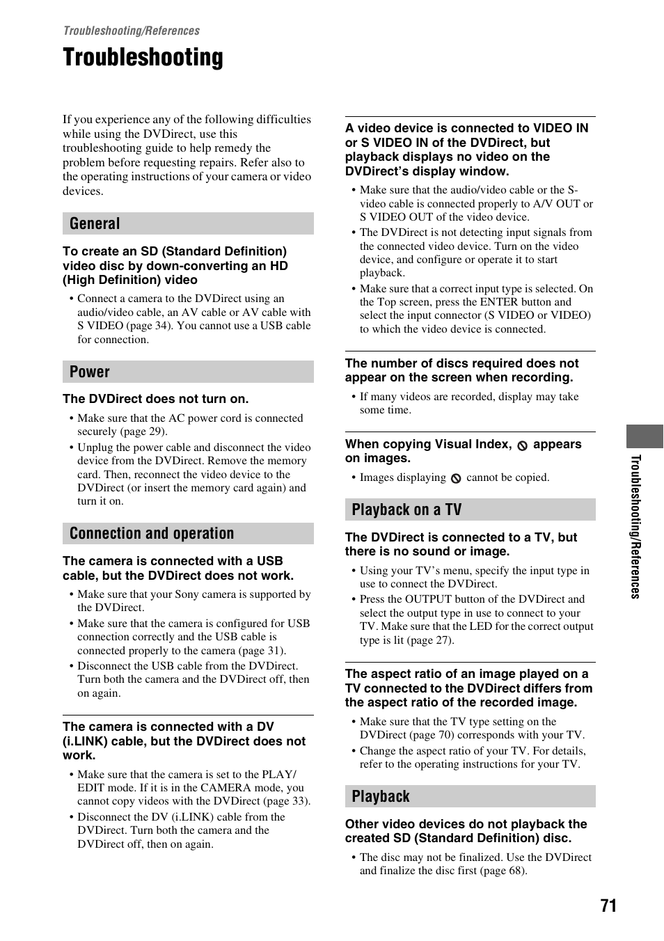 Troubleshooting/references, Troubleshooting | Sony VRD-MC10 User Manual | Page 71 / 84