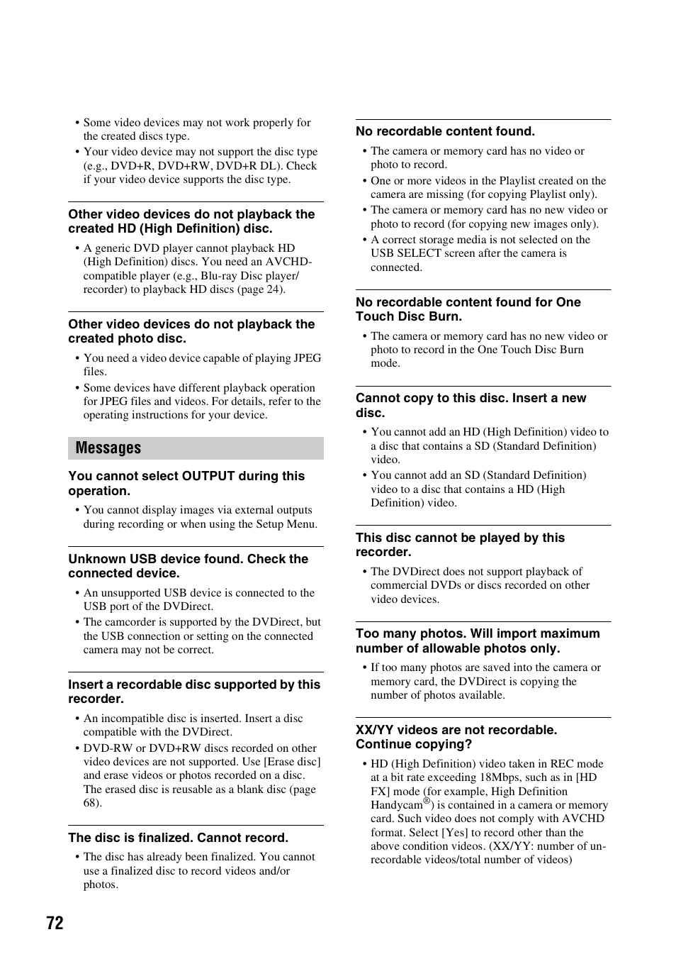 Messages | Sony VRD-MC10 User Manual | Page 72 / 84