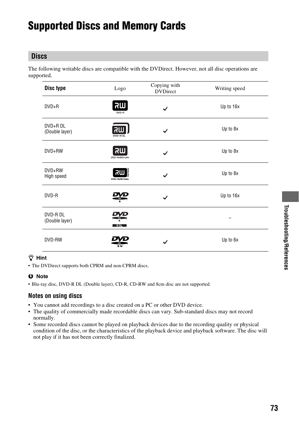 Supported discs and memory cards, Discs | Sony VRD-MC10 User Manual | Page 73 / 84