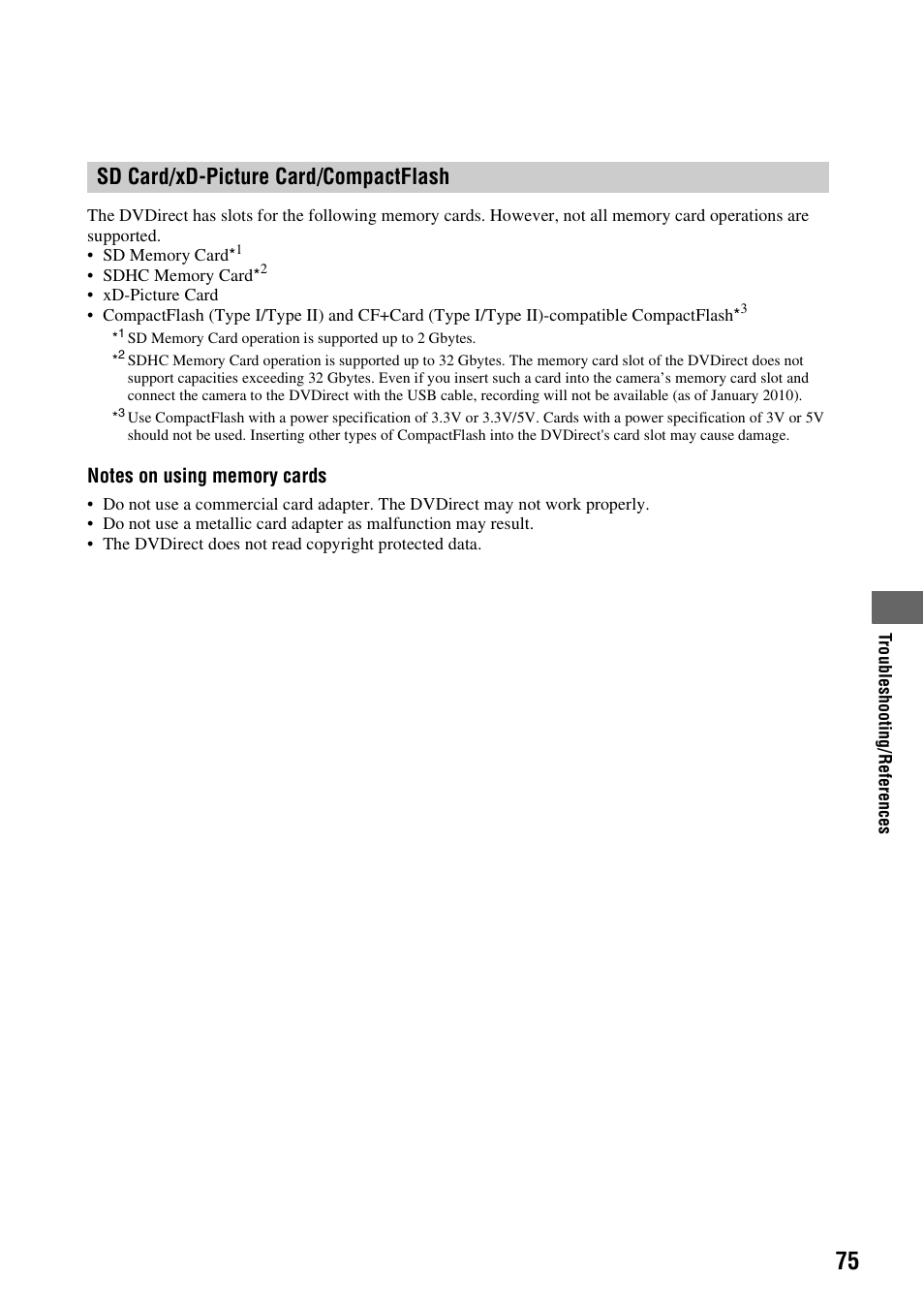 Sd card/xd-picture card/compactflash | Sony VRD-MC10 User Manual | Page 75 / 84