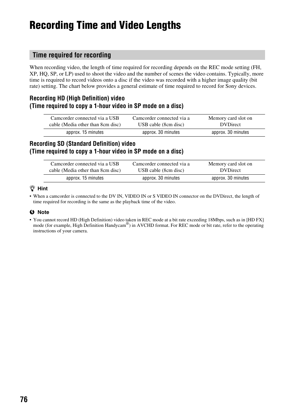 Recording time and video lengths, Time required for recording | Sony VRD-MC10 User Manual | Page 76 / 84
