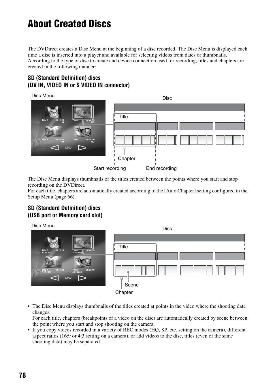 About created discs, And 78), Title disc scene disc menu chapter | Sony VRD-MC10 User Manual | Page 78 / 84