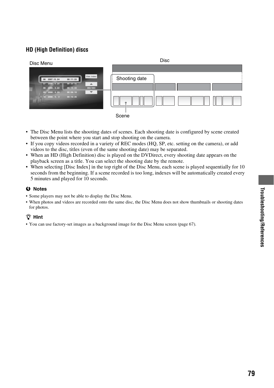 Hd (high definition) discs, Tro ubl es hoo ting/ r e fe ren ces | Sony VRD-MC10 User Manual | Page 79 / 84