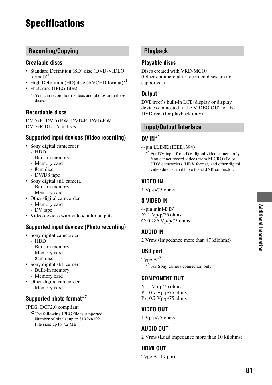 Specifications, Recording/copying, Playback input/output interface | Sony VRD-MC10 User Manual | Page 81 / 84