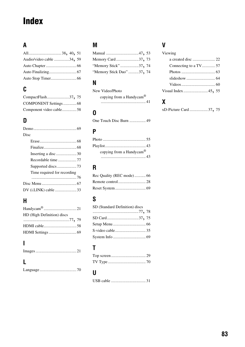 Index | Sony VRD-MC10 User Manual | Page 83 / 84
