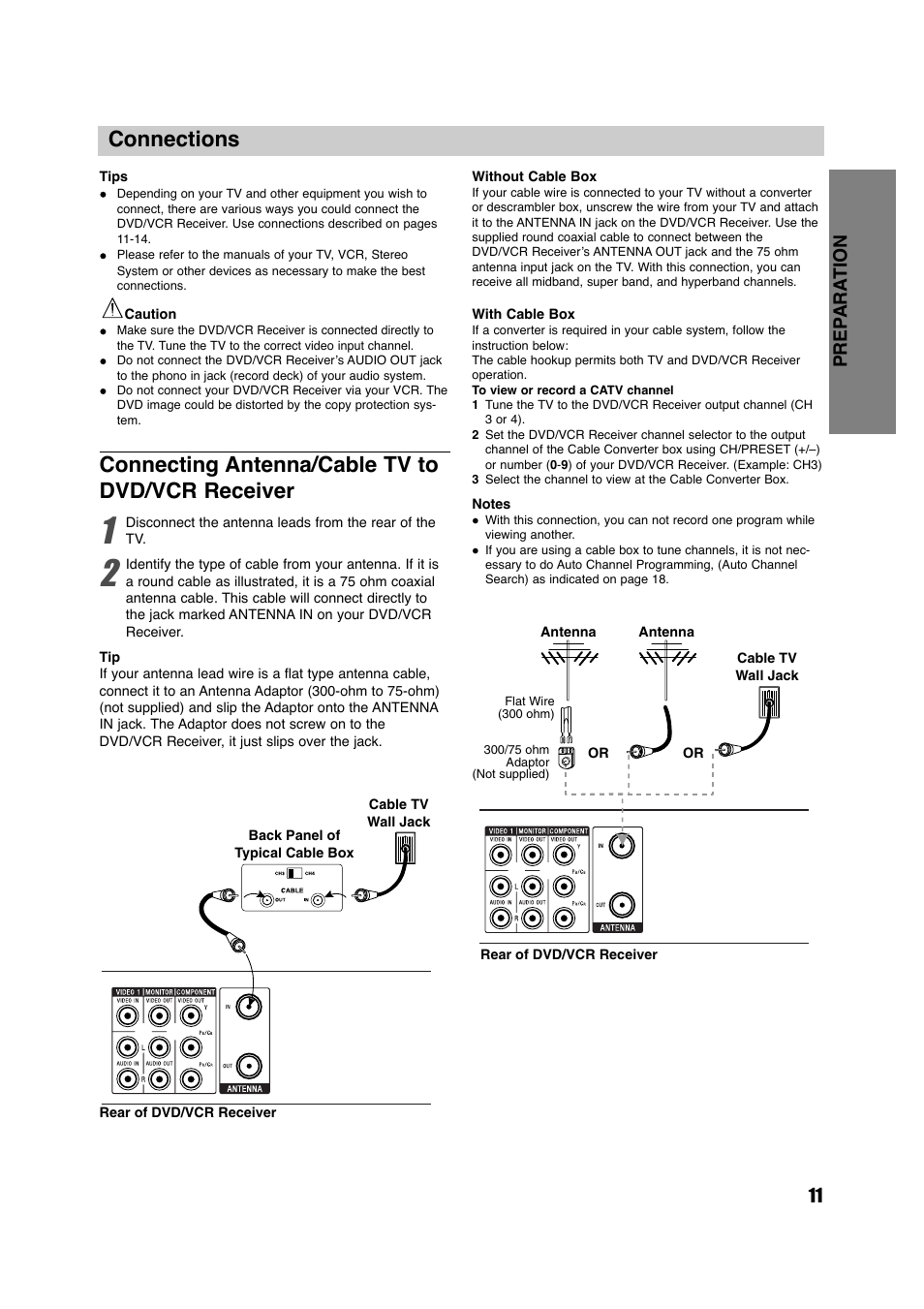 Connections, Connecting antenna/cable tv to dvd/vcr receiver, 11 prep ara tion | Sony HT-V700DP User Manual | Page 11 / 48