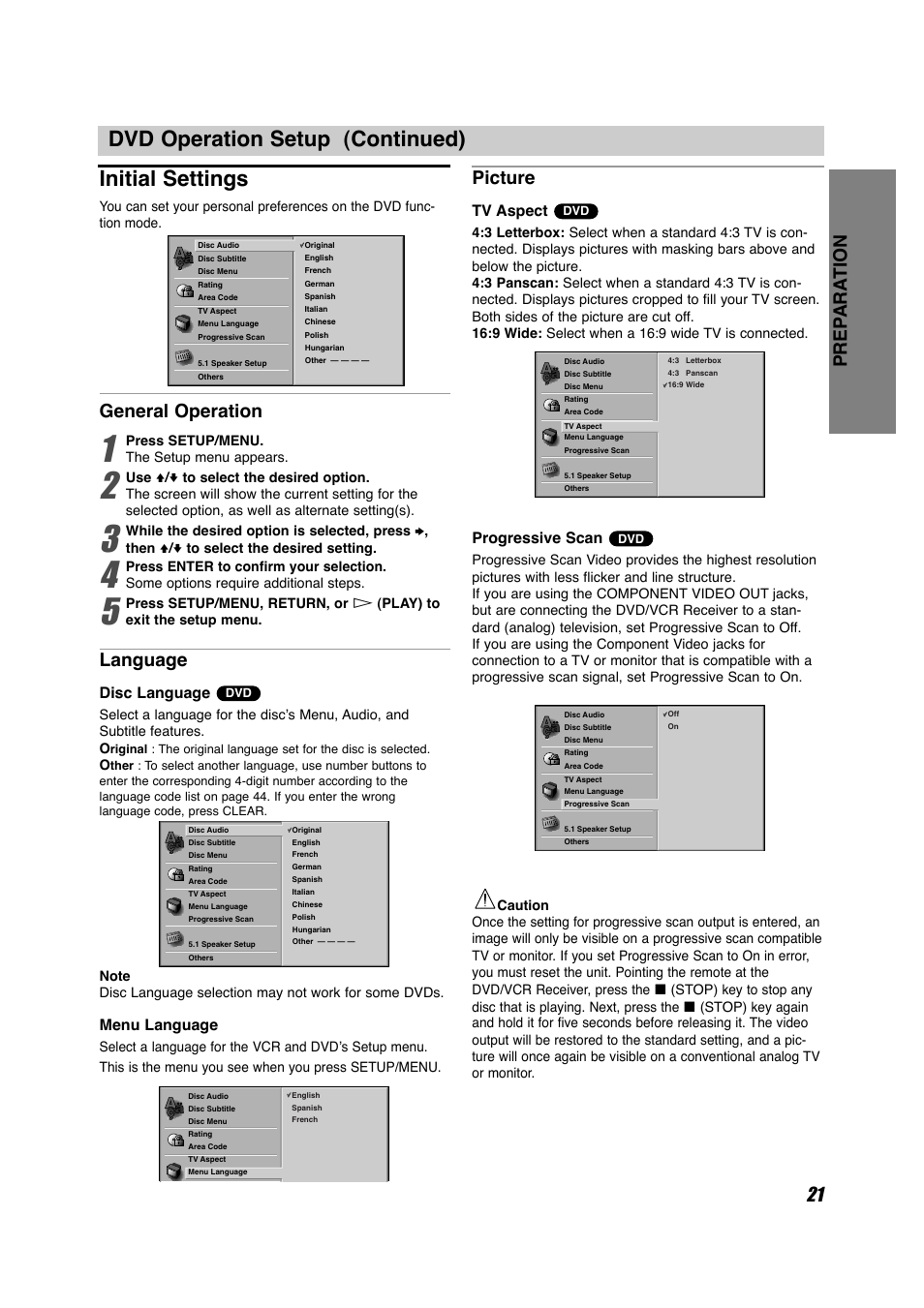 Dvd operation setup (continued) initial settings, 21 prep ara tion, General operation | Language, Picture, Disc language, Menu language, Tv aspect, Progressive scan | Sony HT-V700DP User Manual | Page 21 / 48