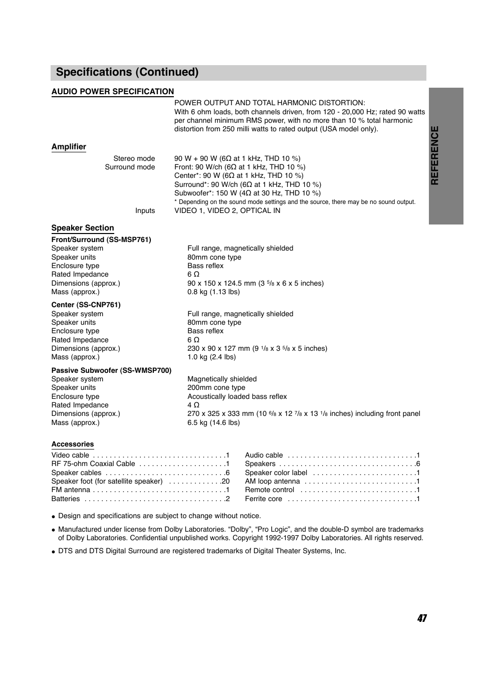 Specifications (continued), 47 reference | Sony HT-V700DP User Manual | Page 47 / 48