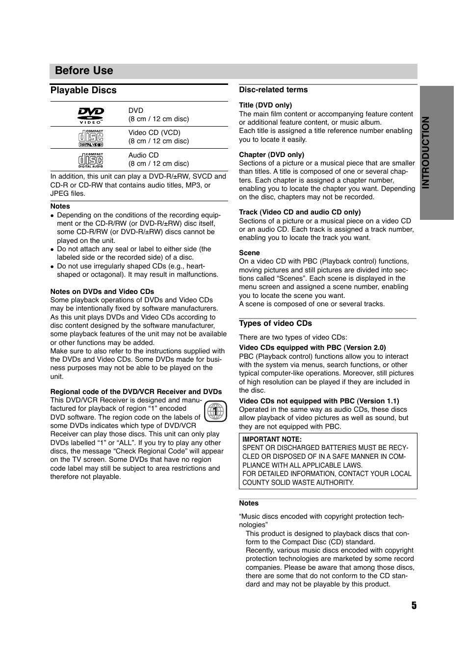Before use, Introduction 5, Playable discs | Sony HT-V700DP User Manual | Page 5 / 48