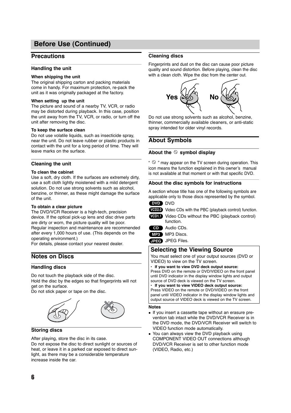 Before use (continued), Yes no, Precautions | About symbols, Selecting the viewing source | Sony HT-V700DP User Manual | Page 6 / 48