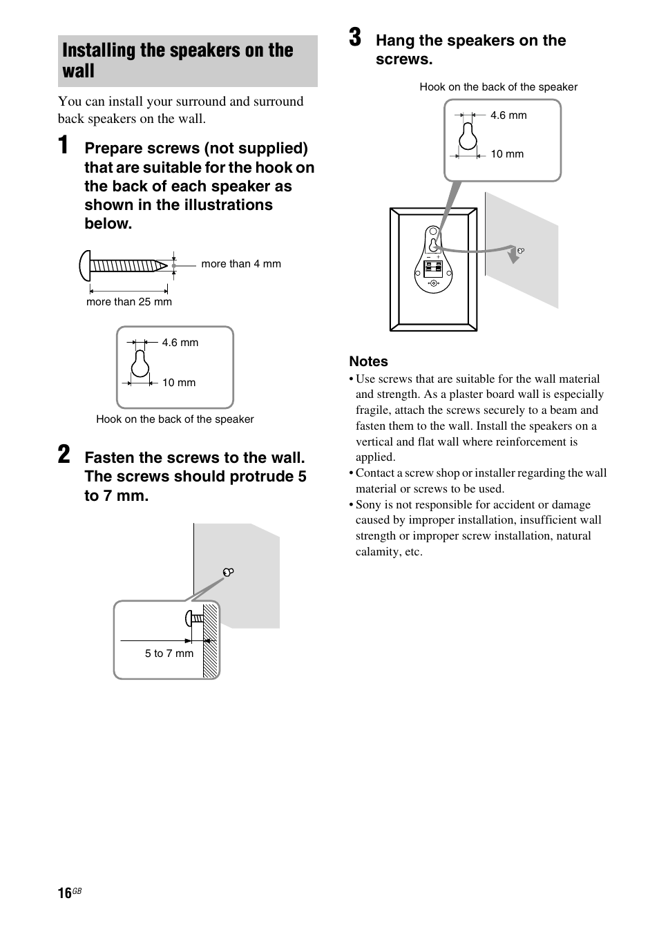 Installing the speakers on the wall | Sony HT-DDW890 User Manual | Page 16 / 80