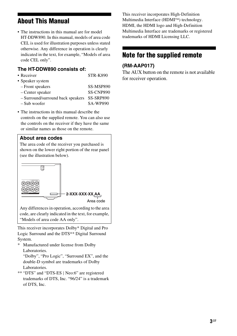 About this manual, The ht-ddw890 consists of | Sony HT-DDW890 User Manual | Page 3 / 80