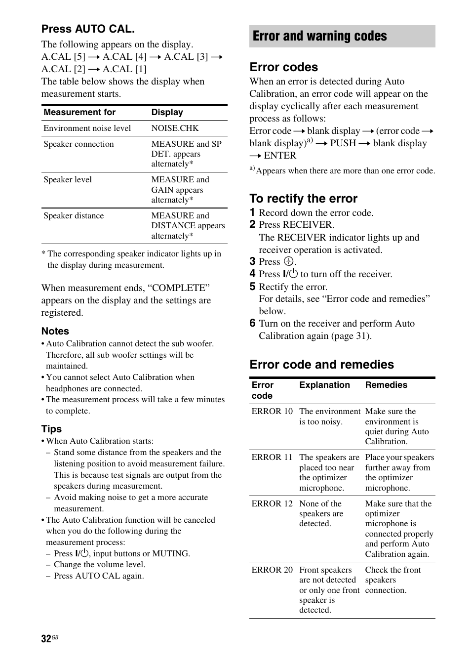 Error and warning codes, Error codes, Error code and remedies | Press auto cal | Sony HT-DDW890 User Manual | Page 32 / 80