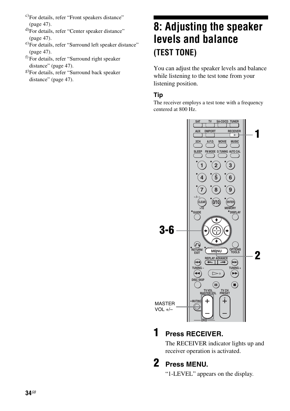 Adjusting the speaker levels and, Balance (test tone), Adjusting the speaker levels and balance | Test tone), Press receiver, Press menu, Level” appears on the display | Sony HT-DDW890 User Manual | Page 34 / 80