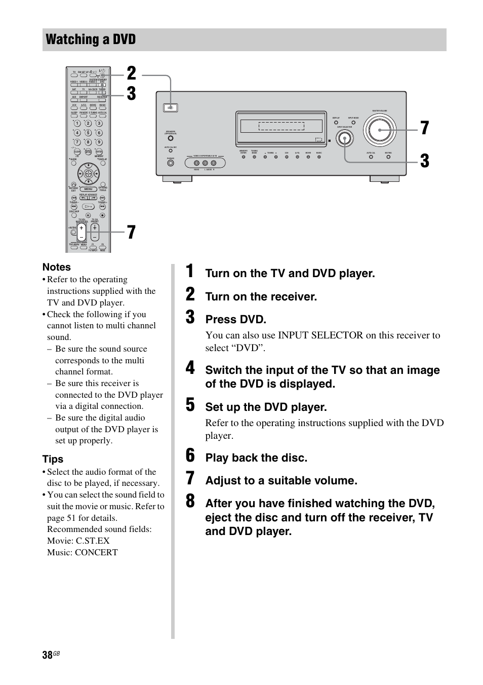 Watching a dvd, Turn on the tv and dvd player, Turn on the receiver | Press dvd, Set up the dvd player, Play back the disc, Adjust to a suitable volume, Tips | Sony HT-DDW890 User Manual | Page 38 / 80