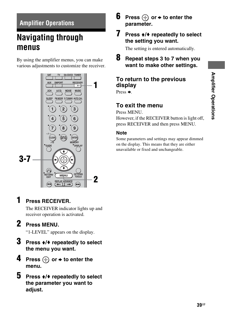 Amplifier operations, Navigating through menus | Sony HT-DDW890 User Manual | Page 39 / 80
