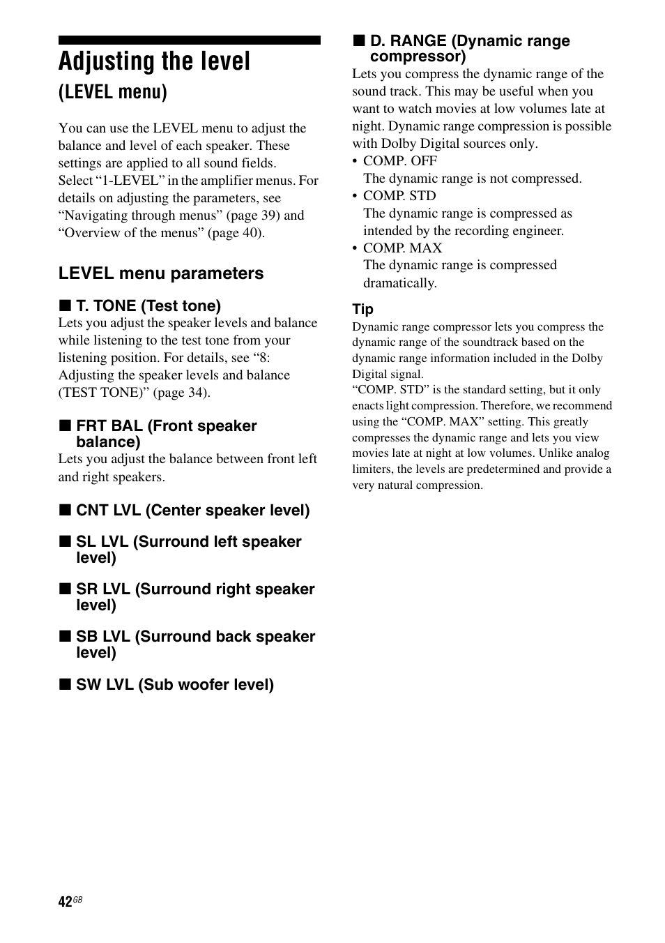 Adjusting the level (level menu), Adjusting the level, Level menu) | Sony HT-DDW890 User Manual | Page 42 / 80