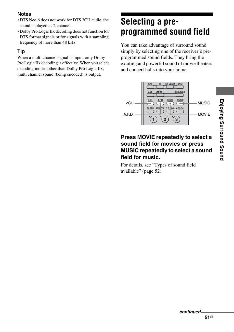 Selecting a pre- programmed sound field, Selecting a pre-programmed sound field | Sony HT-DDW890 User Manual | Page 51 / 80