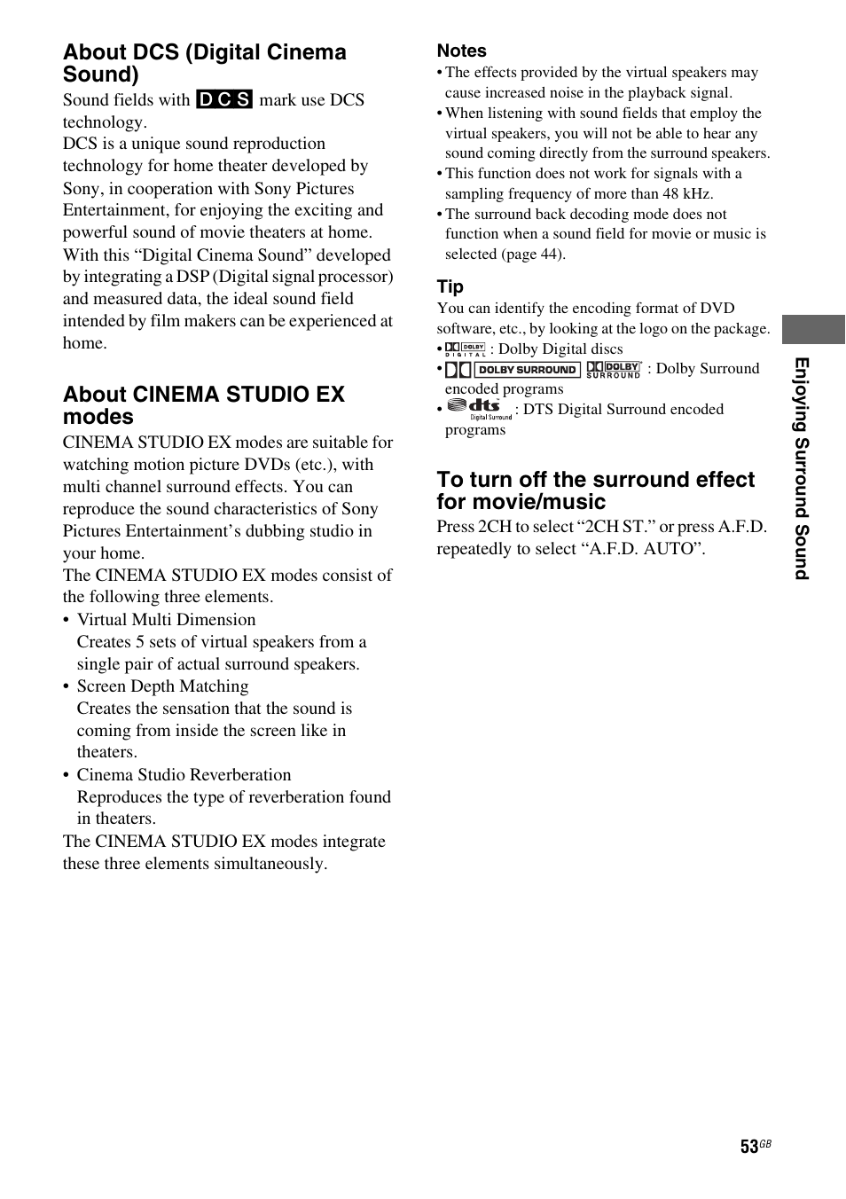 About dcs (digital cinema sound), About cinema studio ex modes | Sony HT-DDW890 User Manual | Page 53 / 80