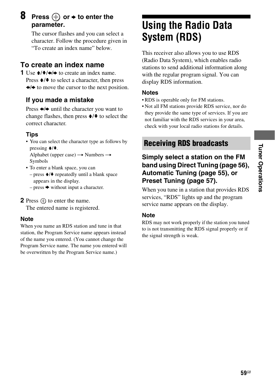 Using the radio data system (rds), Receiving rds broadcasts | Sony HT-DDW890 User Manual | Page 59 / 80