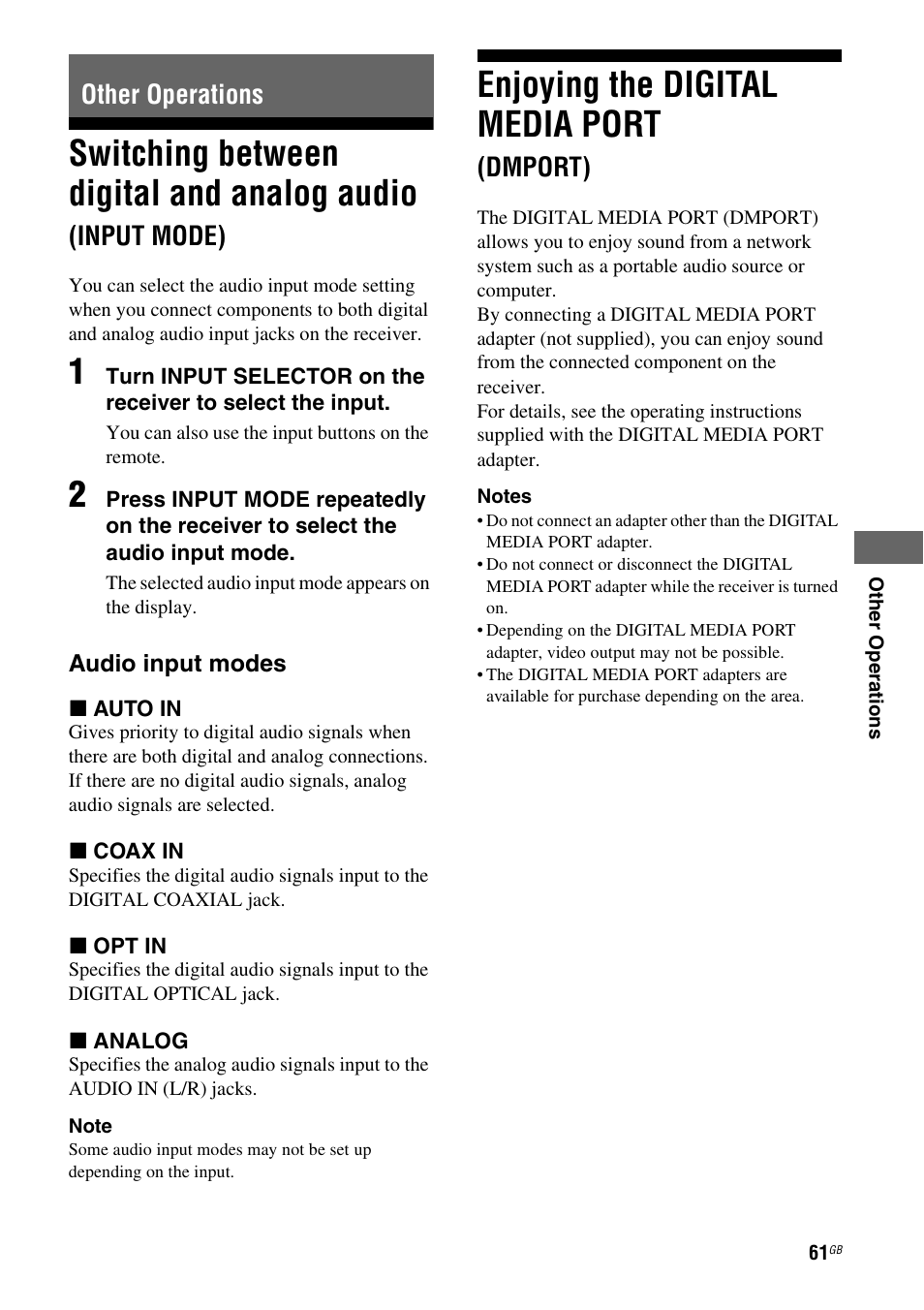 Other operations, Enjoying the digital media port (dmport), Switching between digital and analog | Audio (input mode), Enjoying the digital media port, Dmport), Switching between digital and analog audio, Input mode) | Sony HT-DDW890 User Manual | Page 61 / 80