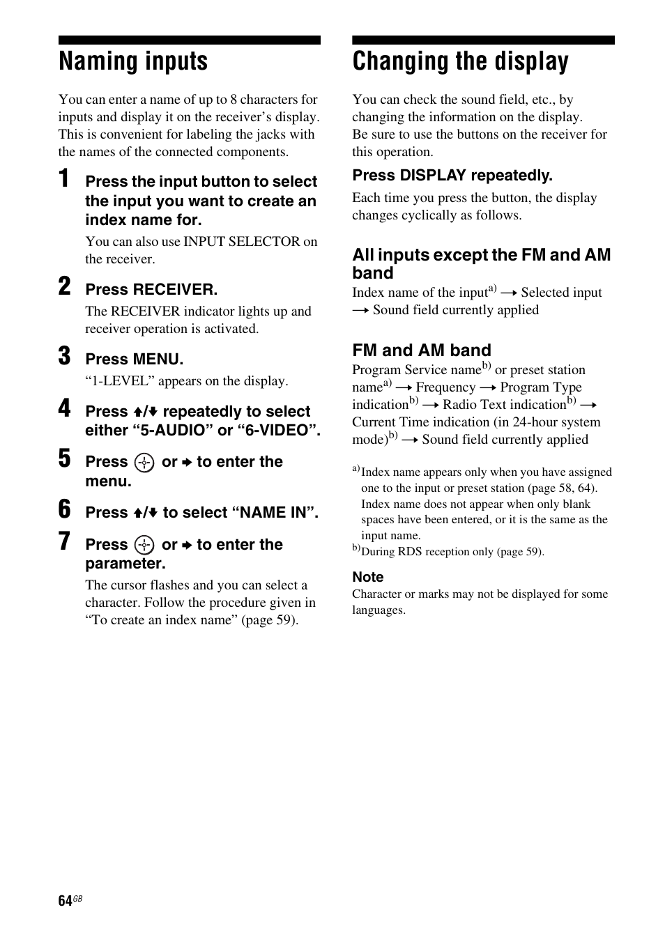 Naming inputs, Changing the display, Naming inputs changing the display | Sony HT-DDW890 User Manual | Page 64 / 80