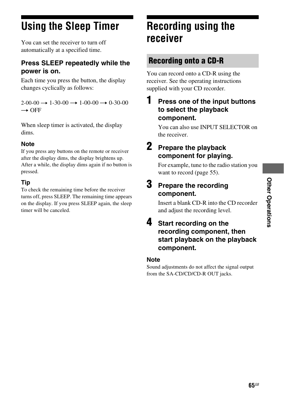 Using the sleep timer, Recording using the receiver, Using the sleep timer recording using the receiver | Recording onto a cd-r | Sony HT-DDW890 User Manual | Page 65 / 80