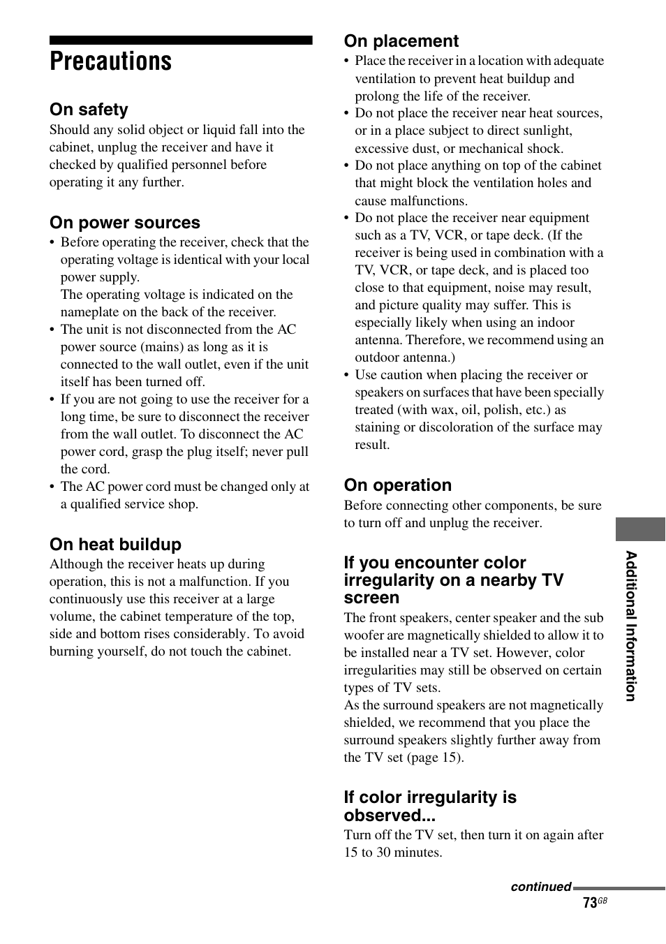 Precautions | Sony HT-DDW890 User Manual | Page 73 / 80