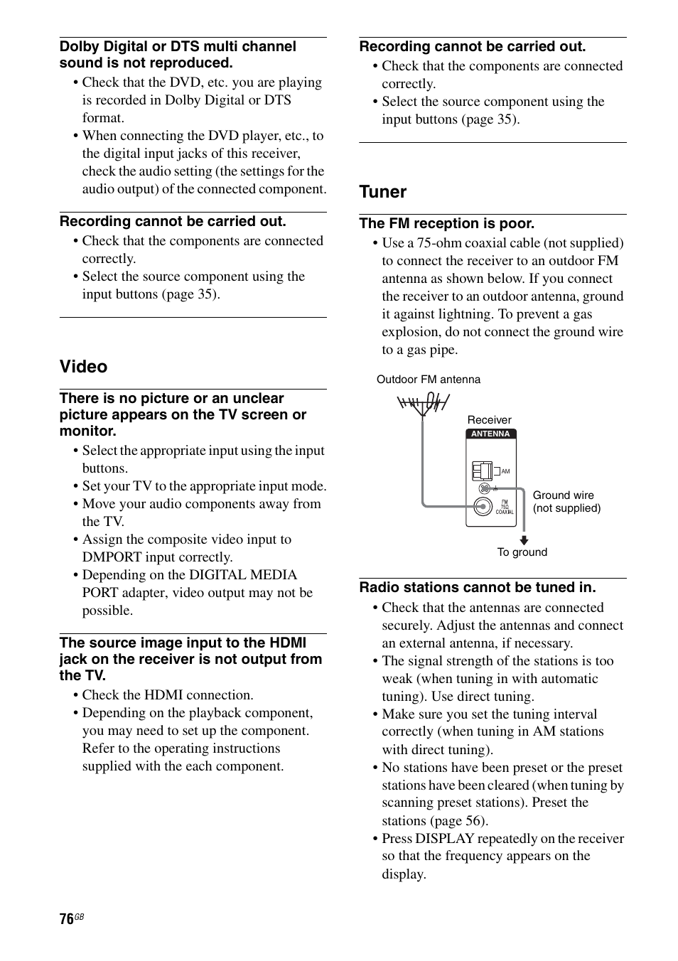 Video, Tuner | Sony HT-DDW890 User Manual | Page 76 / 80