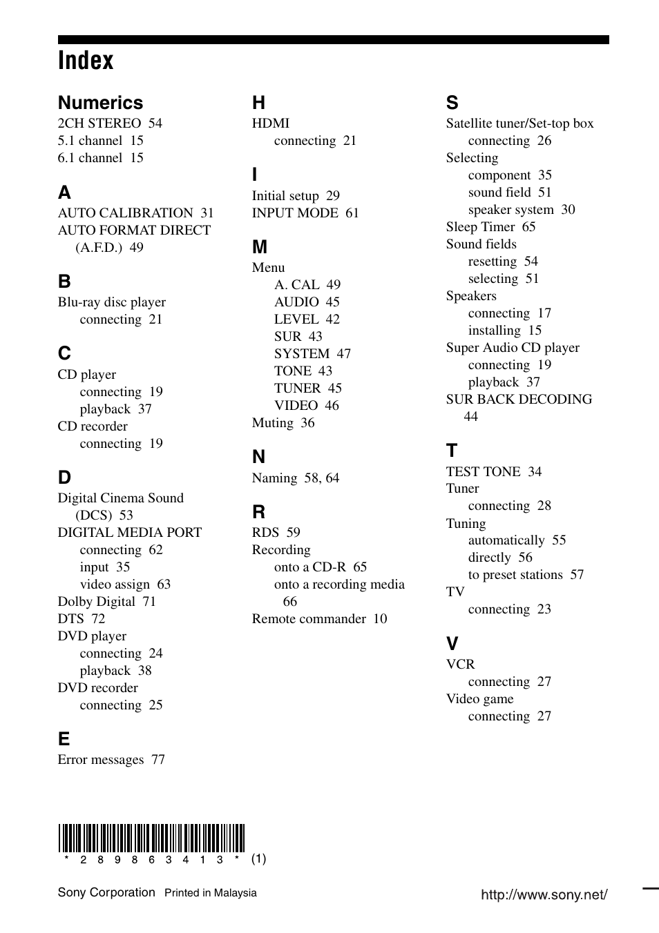 Index, Numerics | Sony HT-DDW890 User Manual | Page 80 / 80