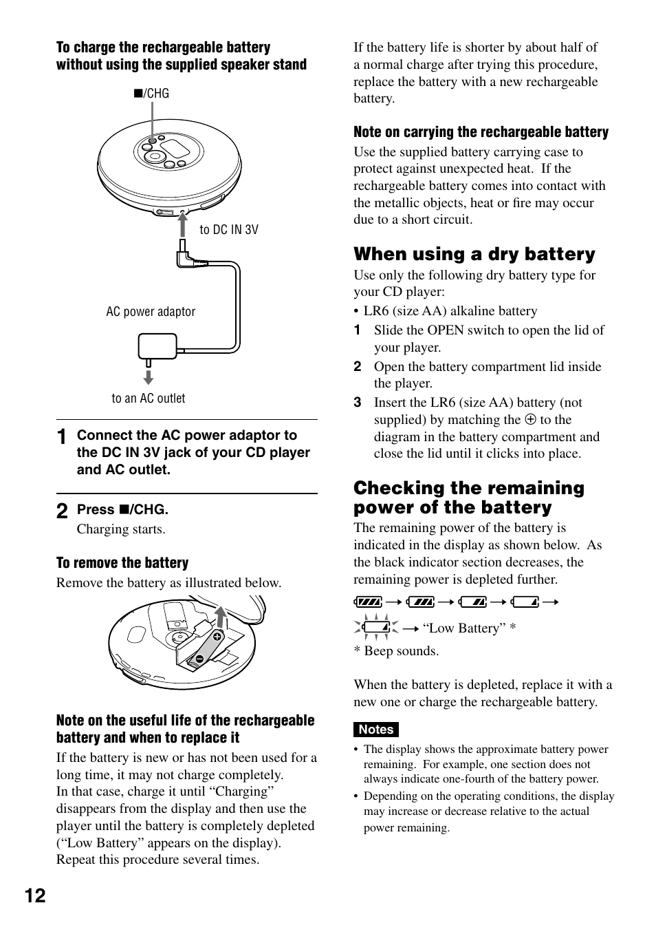 When using a dry battery, Checking the remaining power of the battery, Battery | Sony D-NE329LIV User Manual | Page 12 / 39