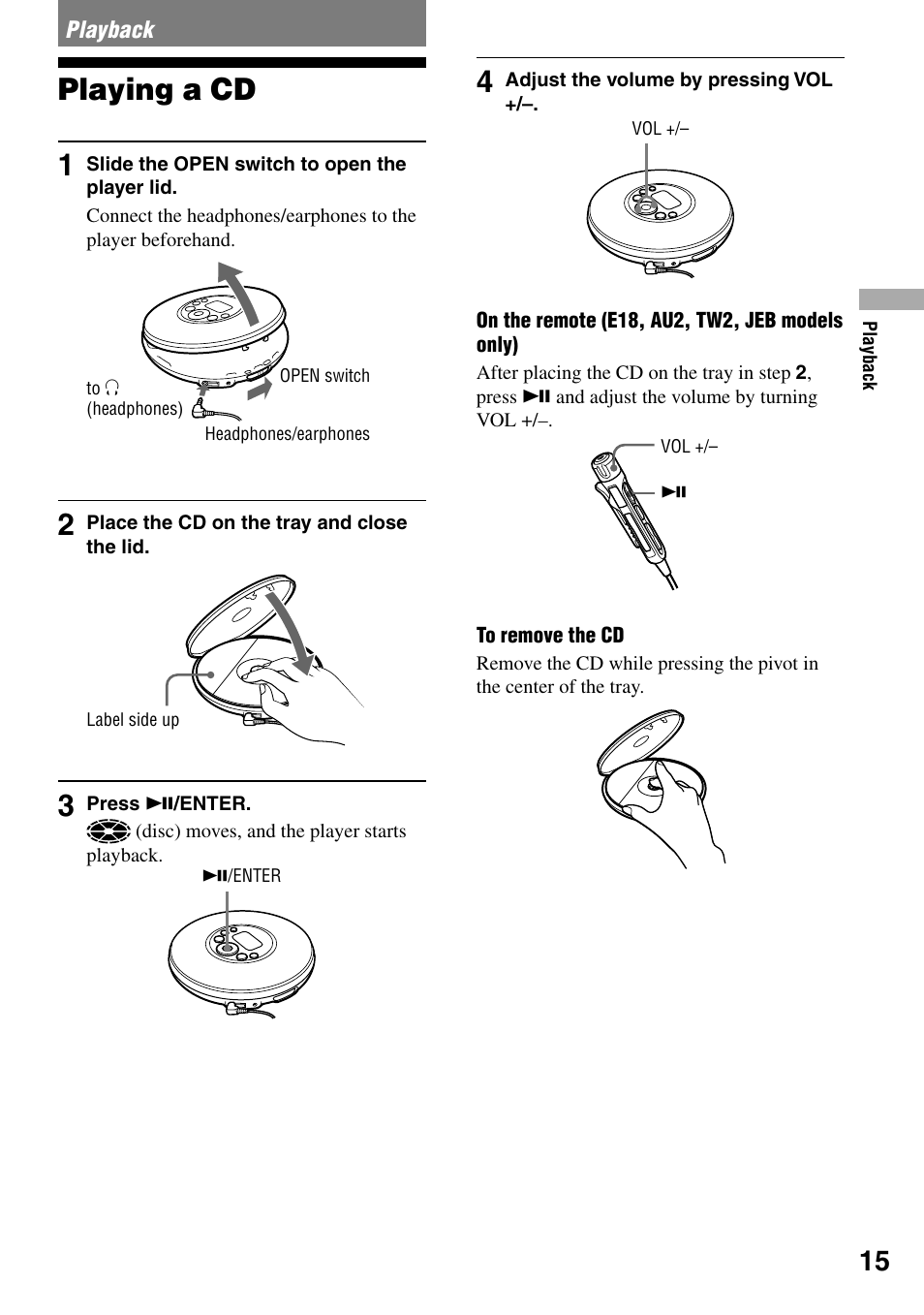 Playback, Playing a cd, Playing a cd 1 | Sony D-NE329LIV User Manual | Page 15 / 39