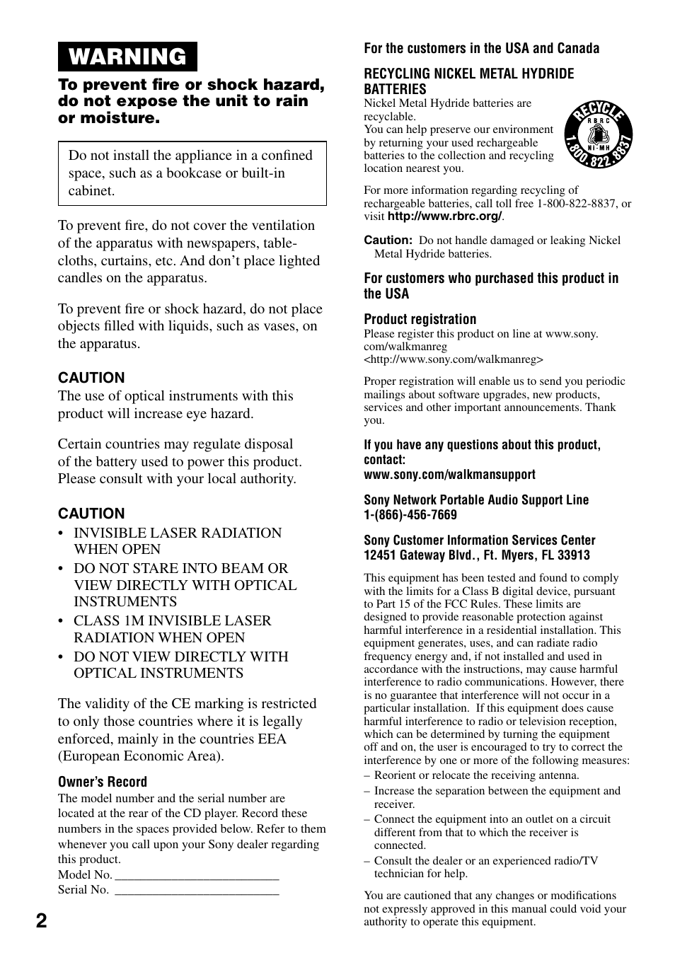 Warning | Sony D-NE329LIV User Manual | Page 2 / 39