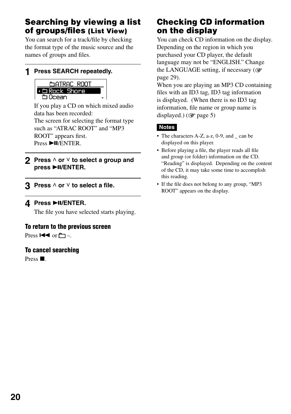 Checking cd information on the display, Searching by viewing a list of groups/ﬁles, List view) | Checking cd information on the display .20 | Sony D-NE329LIV User Manual | Page 20 / 39