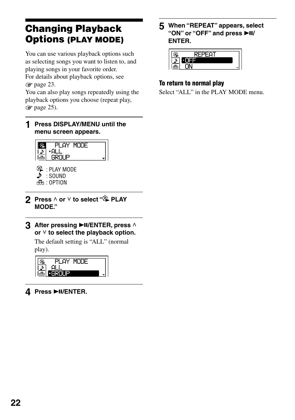 Changing playback options (play mode), Changing playback options, Play mode) | Sony D-NE329LIV User Manual | Page 22 / 39