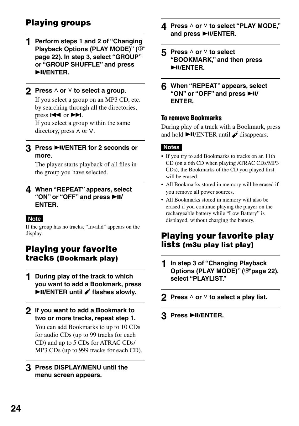 Playing groups, Playing your favorite tracks (bookmark play), Play) | Playing your favorite play lists (m3u play, List play), Playing your favorite play lists, Playing your favorite tracks | Sony D-NE329LIV User Manual | Page 24 / 39