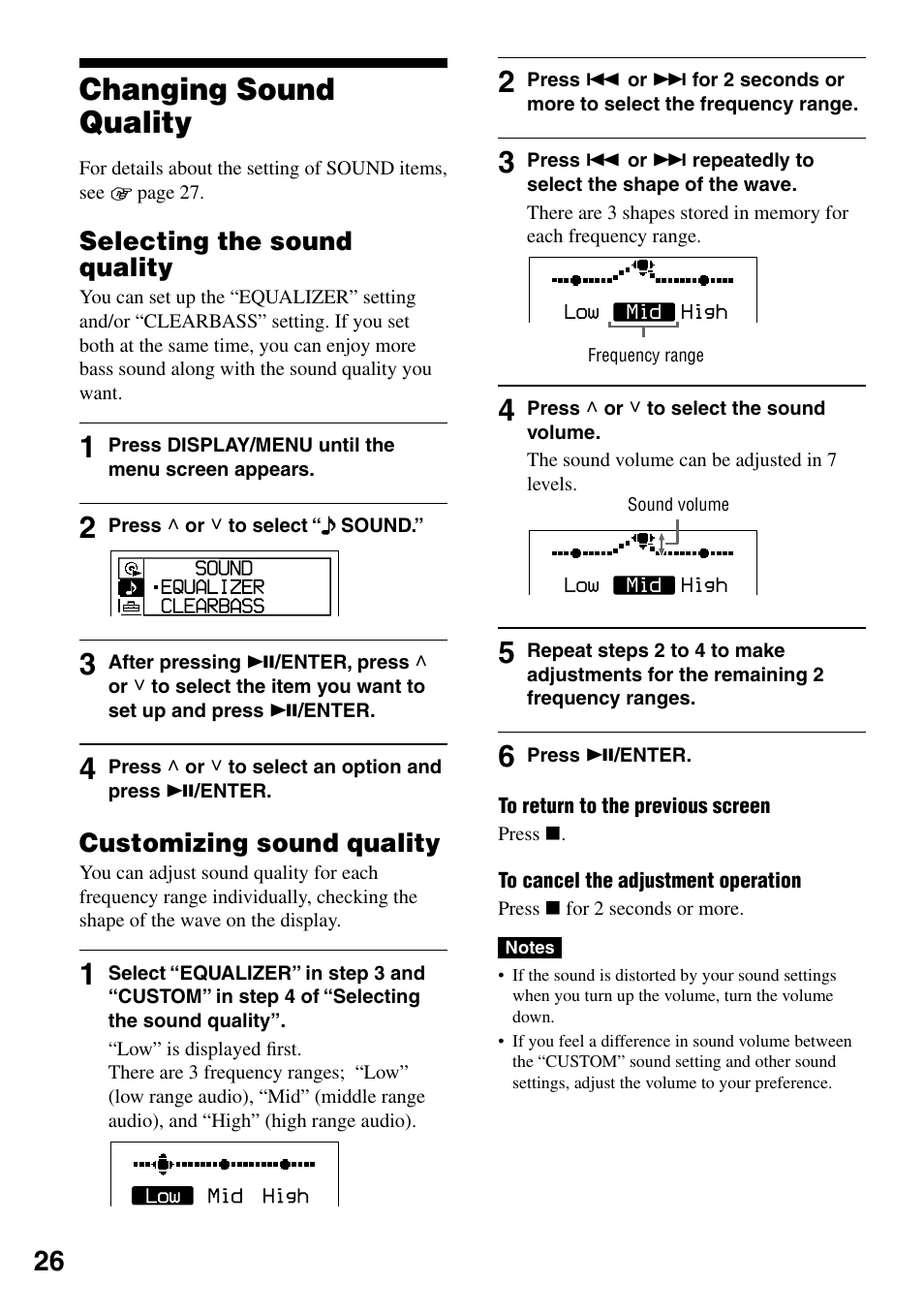 Changing sound quality, Selecting the sound quality, Customizing sound quality | Sony D-NE329LIV User Manual | Page 26 / 39