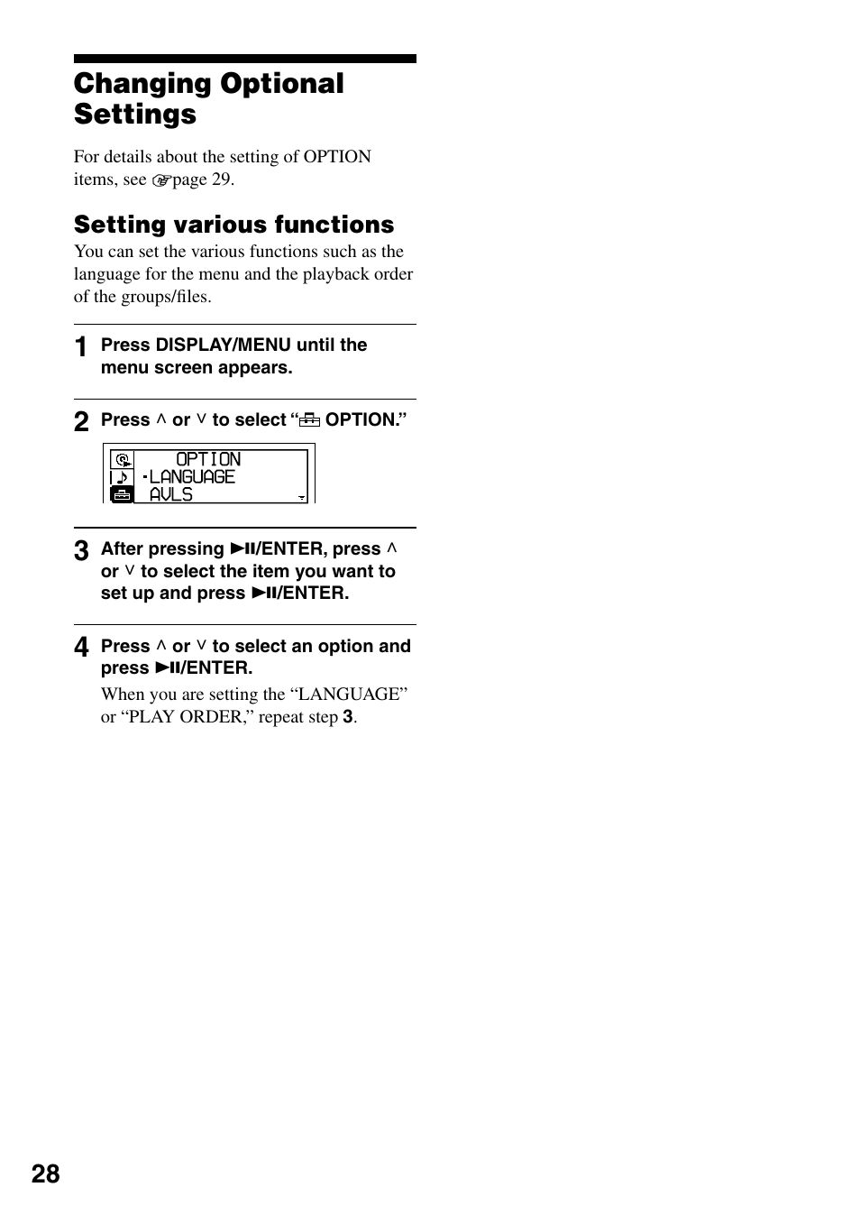 Changing optional settings, Setting various functions | Sony D-NE329LIV User Manual | Page 28 / 39