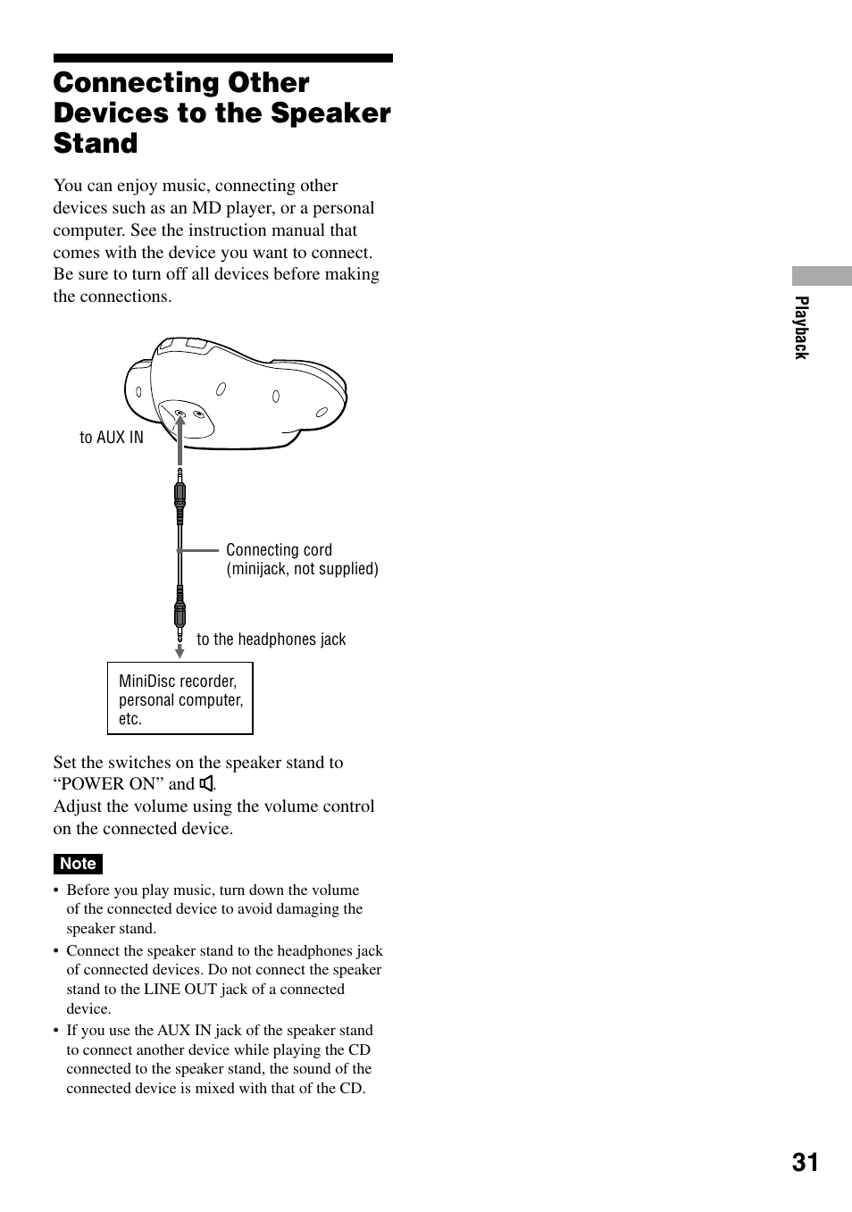Connecting other devices to the speaker stand, Connecting other devices to the, Speaker stand | Sony D-NE329LIV User Manual | Page 31 / 39